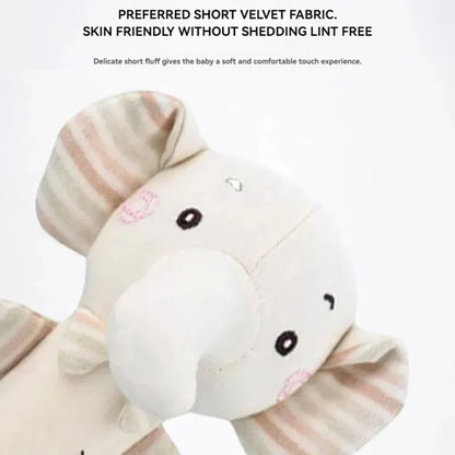 Adorable baby animal hand shaker rattle for tactile and auditory stimulation.