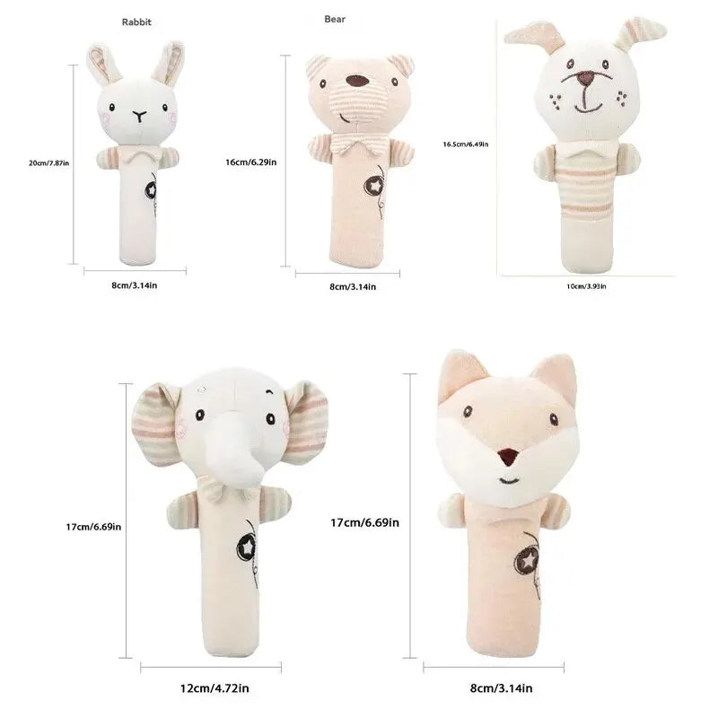Plush animal hand shaker rattle toy, designed for newborn sensory development.