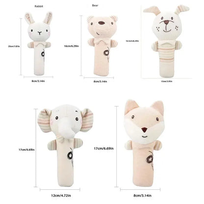 Plush animal hand shaker rattle toy, designed for newborn sensory development.