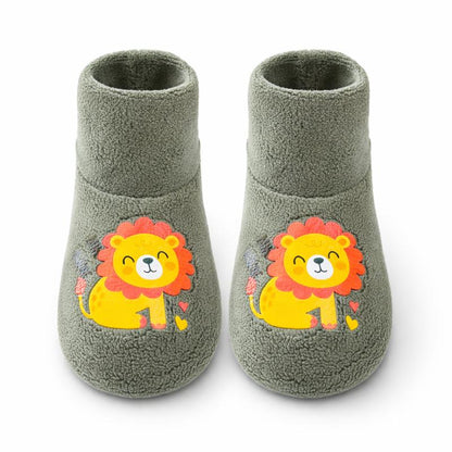 Close-up of baby warm anti-slip plush socks, showcasing the detailed cartoon design and soft texture.