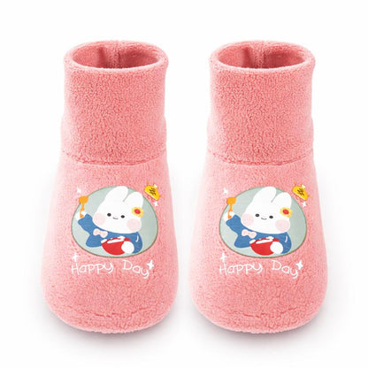 Various colors of anti-slip plush winter baby socks, featuring fun cartoon patterns for infants.
