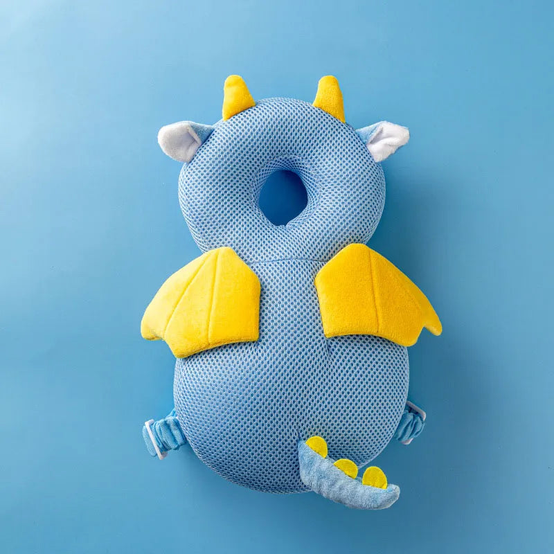 Cute baby head protection backpack pillow with a penguin design, soft crawling aid