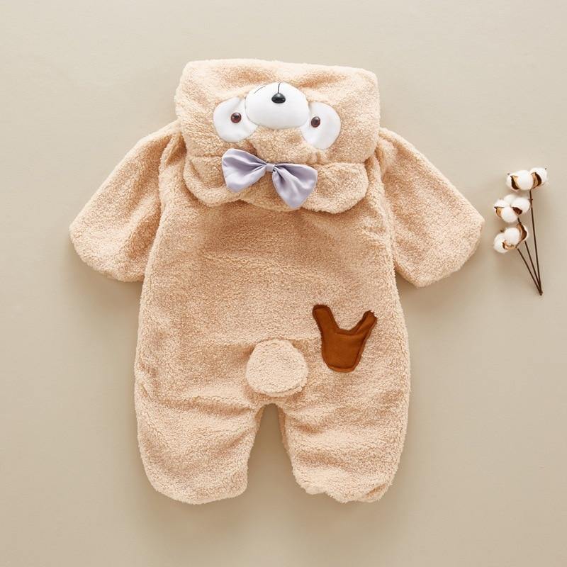 Playful infant teddy bear hooded romper in brown, a cozy winter wear outfit for toddlers & babies.