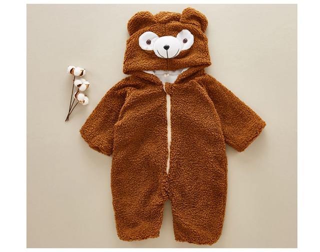 Adorable baby teddy bear jumpsuit, a soft & cozy infant outfit made of polyester, ideal baby gift.