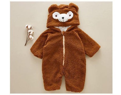 Adorable baby teddy bear jumpsuit, a soft & cozy infant outfit made of polyester, ideal baby gift.
