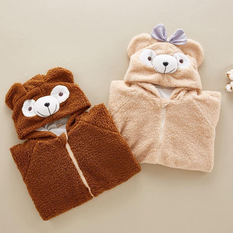 Beige teddy bear baby hooded romper, a comfortable and cute polyester outfit for infant daily wear & play.