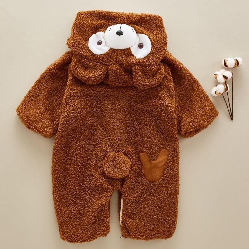 Full view of an adorable beige baby teddy bear jumpsuit, a playful & soft polyester outfit for infants.
