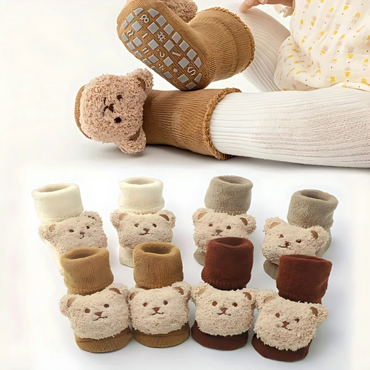 Cute bear design baby anti-slip warm sock shoes for infants and toddlers with cozy lining.