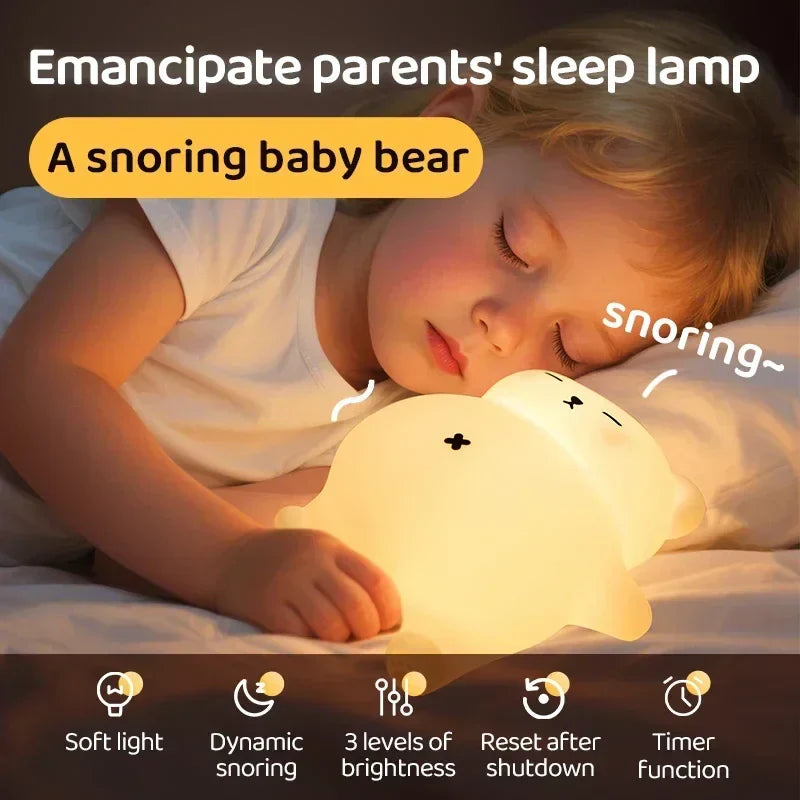 Bear-shaped LED night light, dimmable, with calming sounds, ideal baby accessory for sleep
