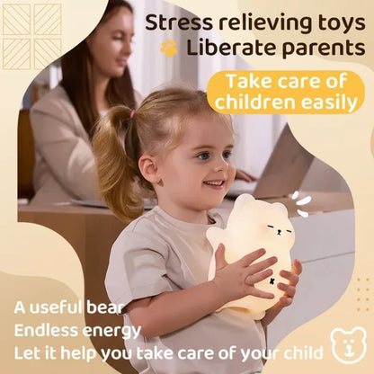 Kids room LED night light, cute bear design, dimmable, rechargeable, providing soothing sounds