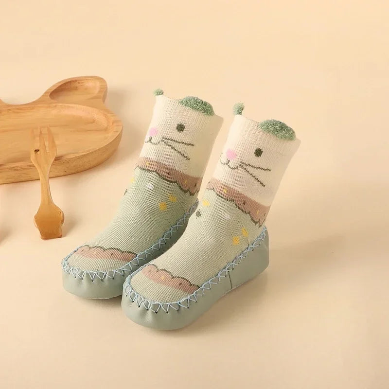 Cotton anti-slip floor socks for babies, featuring a sweet animal character face.