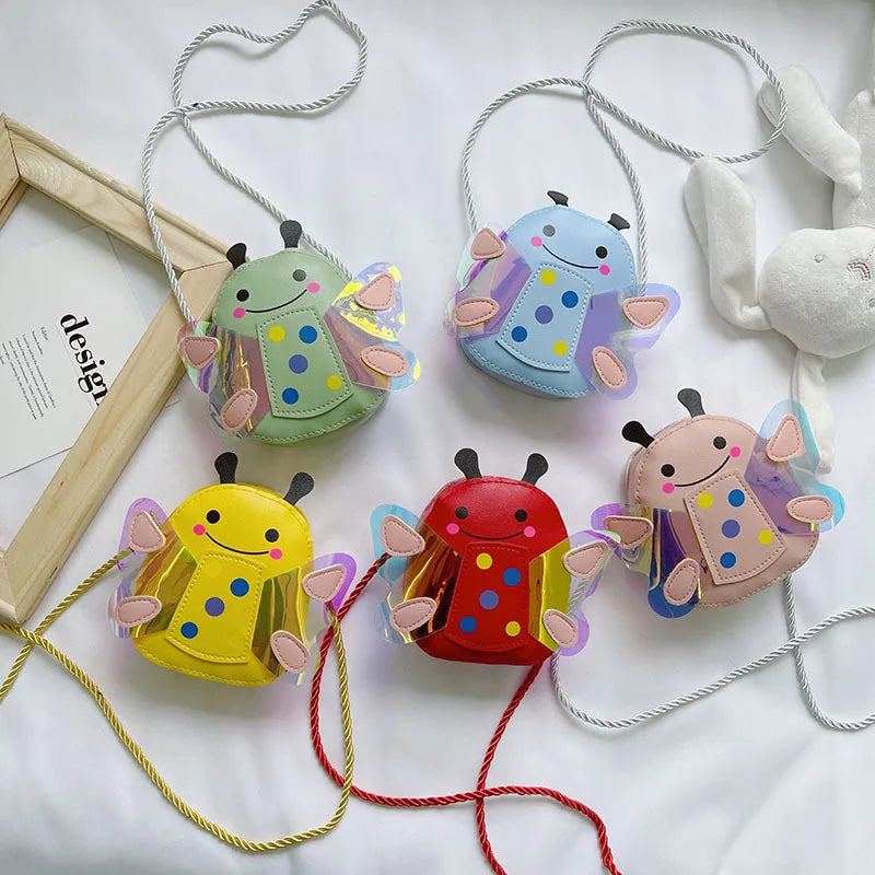 Cute cartoon bug crossbody bag for kids, mini PU leather shoulder purse, perfect toddler accessory.