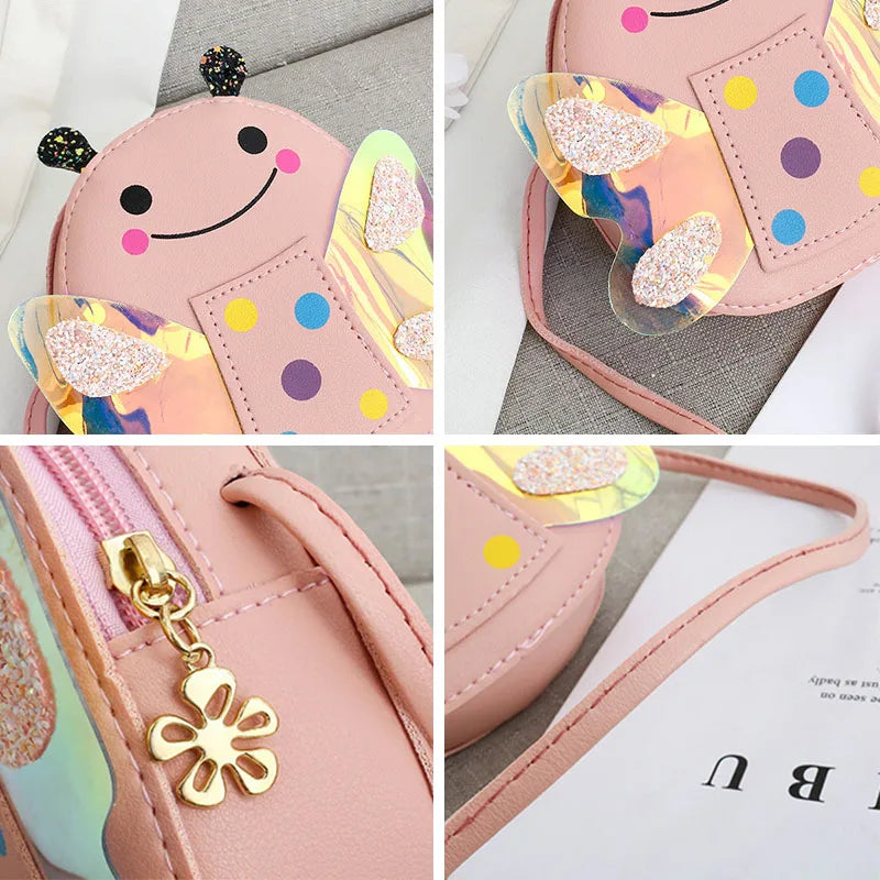 Adorable cartoon bug kids' crossbody purse, compact PU leather design, ideal for children's fashion.