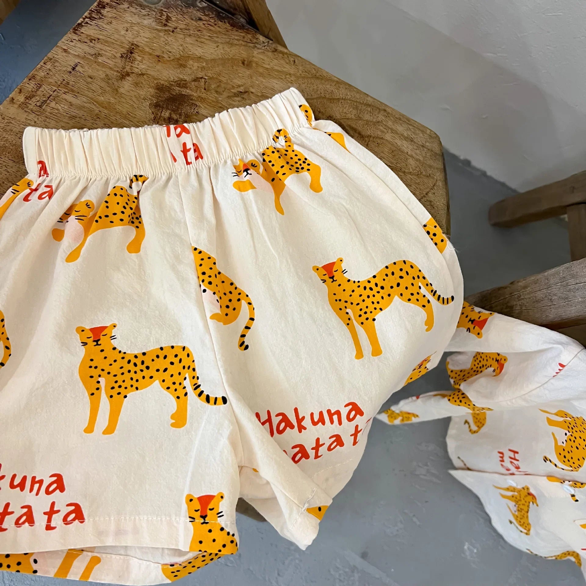Kids casual summer outfit, bright cartoon cotton short sleeve top and elastic shorts