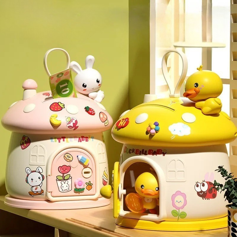 Cute cartoon mushroom piggy bank with DIY stickers for kids, promoting saving and creative fun.