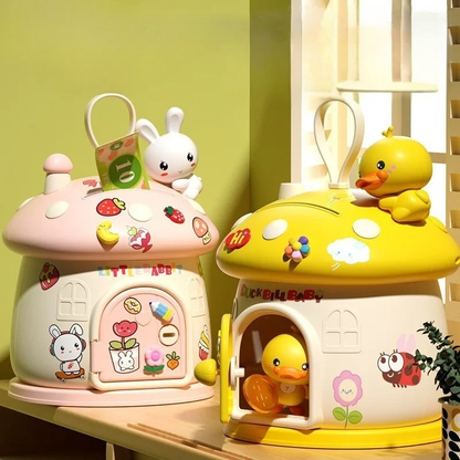 Cute cartoon mushroom piggy bank with DIY stickers for kids, promoting saving and creative fun.