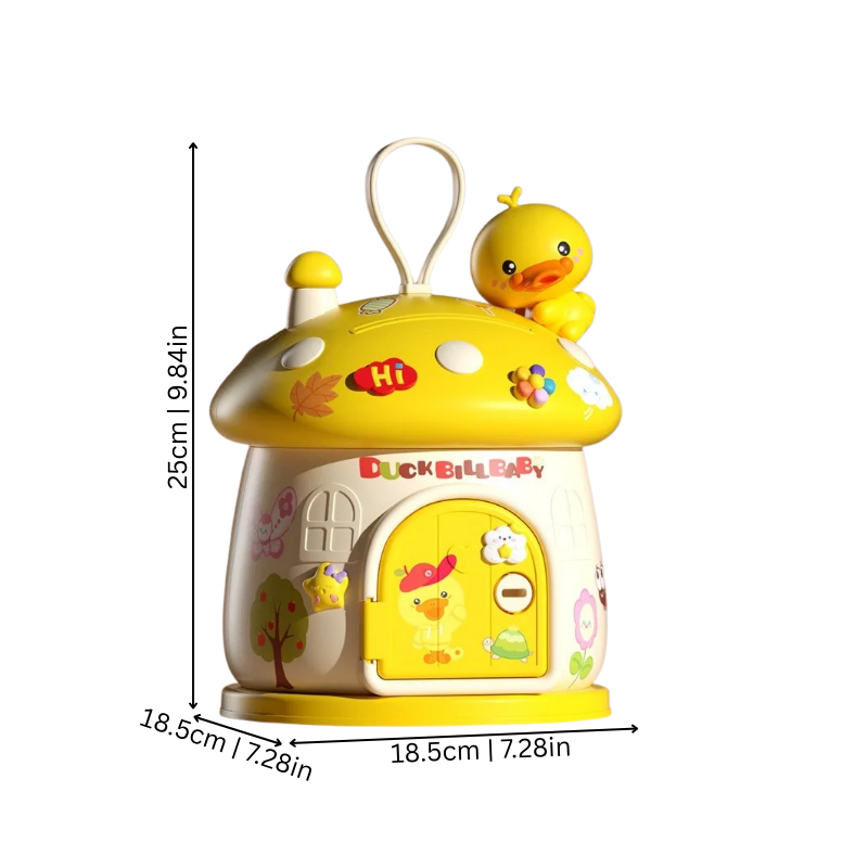 Colorful mushroom-shaped money box with decorative DIY stickers, perfect as a children's gift.