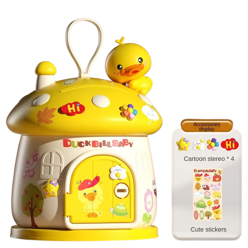 Unisex cartoon mushroom piggy bank, an educational toy for kids, with fun DIY stickers activity.