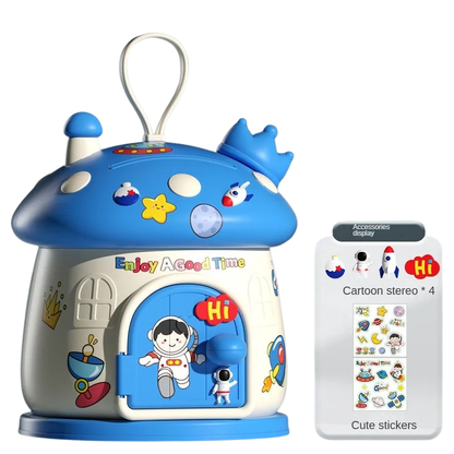 Desktop accent: playful mushroom piggy bank with DIY stickers for kids' saving and creative craft.