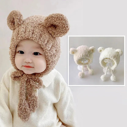 Cute cartoon plush baby hat, pink rabbit design, keeps infants warm & cozy in winter