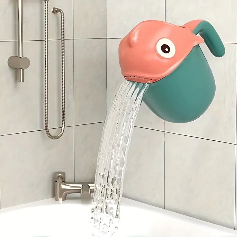 Cute cartoon shark shampoo rinser cup for children, making bath time fun & tear-free.