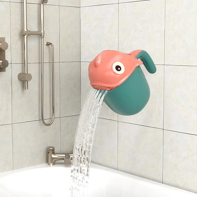 Vibrant cartoon shark shampoo cup for kids, providing a gentle flow for tear-free hair rinsing.