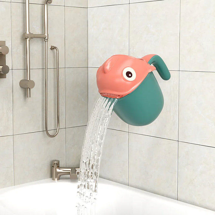 Vibrant cartoon shark shampoo cup for kids, providing a gentle flow for tear-free hair rinsing.