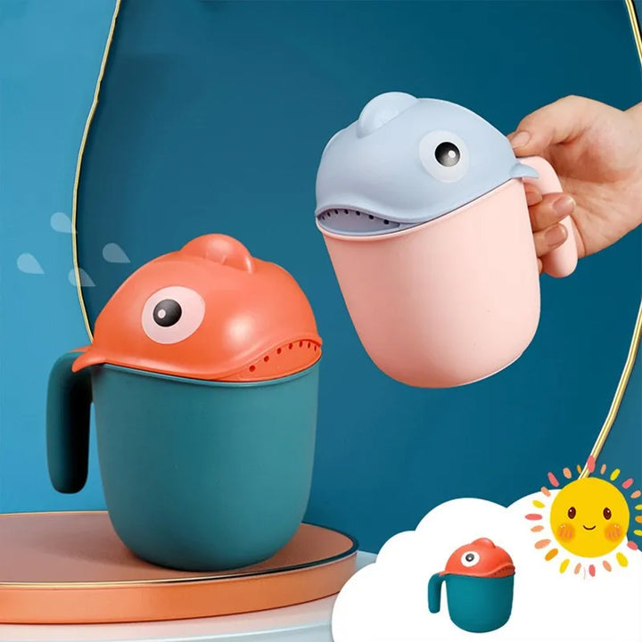 Baby bath rinser cup with a fun shark design, perfect for tear-free shampooing for toddlers.