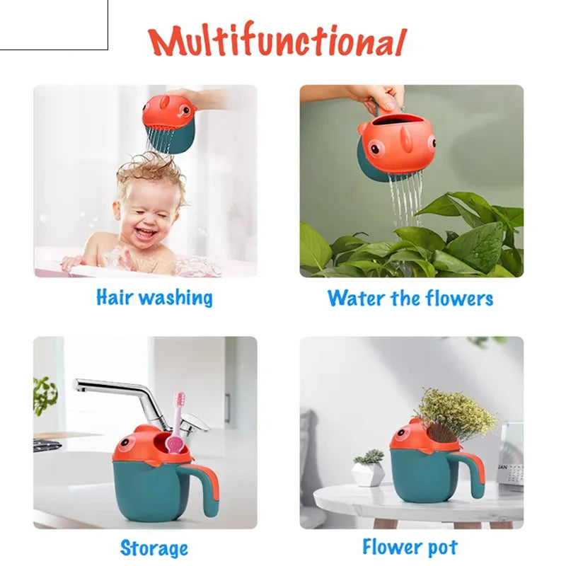 Cartoon shark bath cup for kids' shampooing, gentle flow ensures a happy, tear-free bath time.
