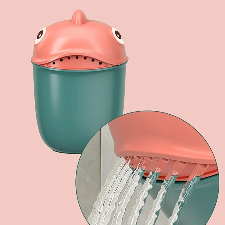 Safe bathing shark rinser cup for children, designed for tear-free shampoo rinses & bath time fun.