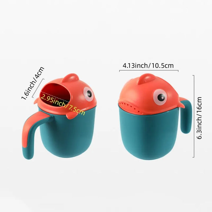Eco-friendly plastic shark shampoo cup, ideal for gentle baby hair rinsing & stress-free bath time.