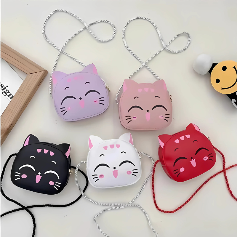Cute cat crossbody bag for girls, pink, with playful ears and whiskers, perfect for kids' fashion and accessories