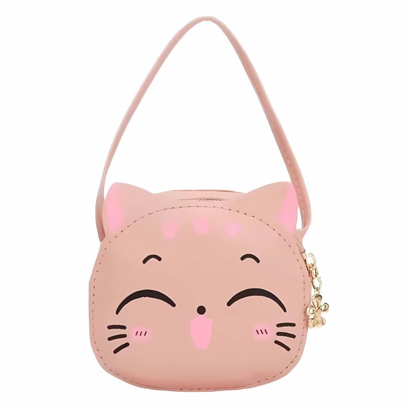 Close-up of a charming cat face crossbody bag, highlighting soft material and secure zipper for girls