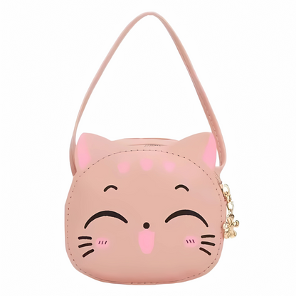 Close-up of a charming cat face crossbody bag, highlighting soft material and secure zipper for girls