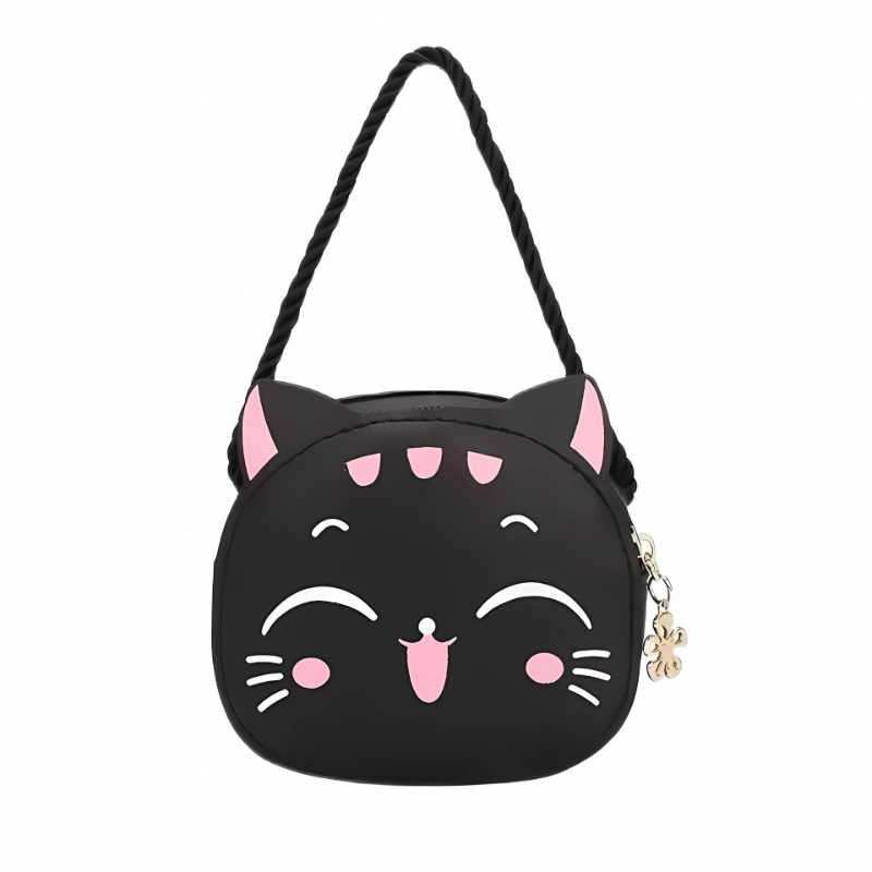Side view of a small girls' cat crossbody bag with adjustable strap, suitable for toddlers and young children