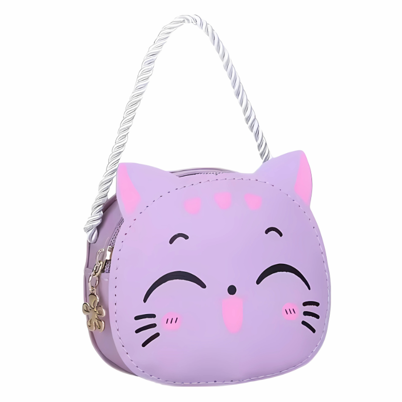 Vibrant pink cat bag for kids, designed as a crossbody purse, featuring an animal print and cute details