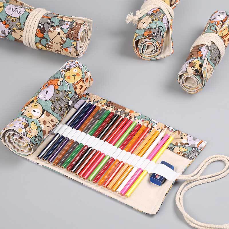 Cute cat face canvas roll-up pen & pencil holder organizer, perfect for school supplies