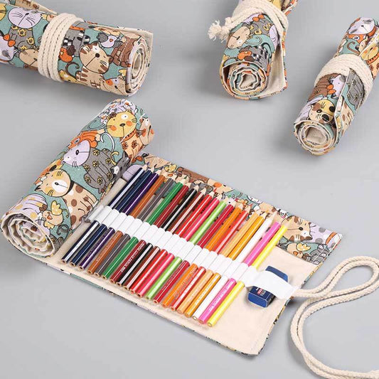 Cute cat face canvas roll-up pen & pencil holder organizer, perfect for school supplies