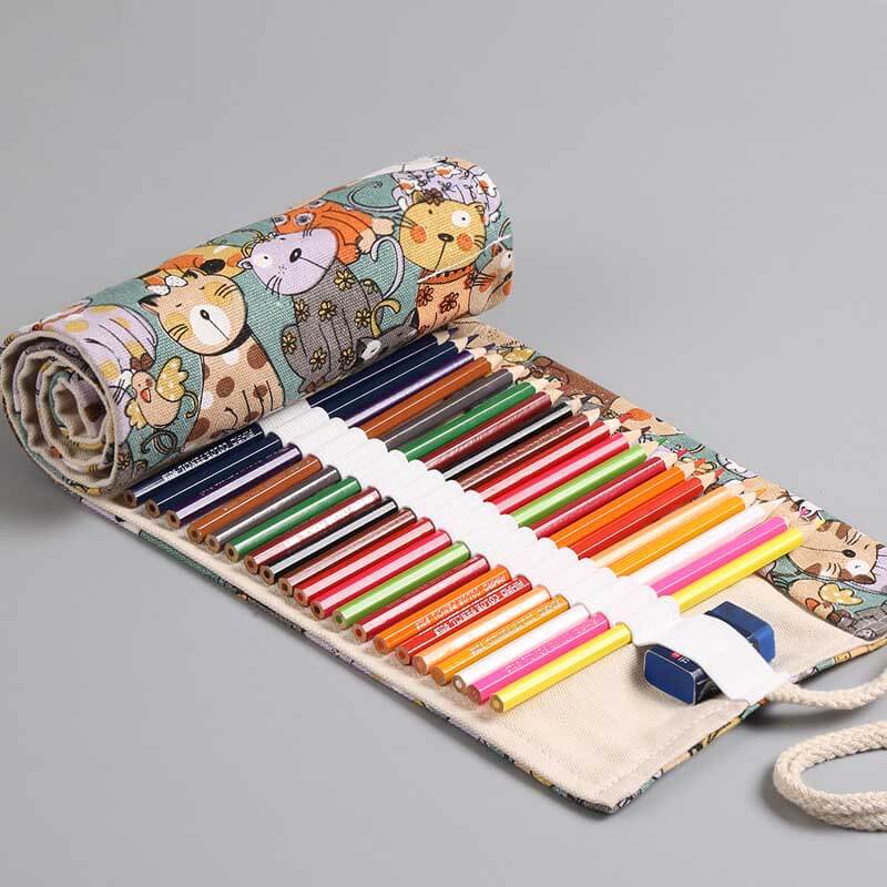 Portable cat stationery organizer, canvas roll for pens, pencils, and art supplies storage