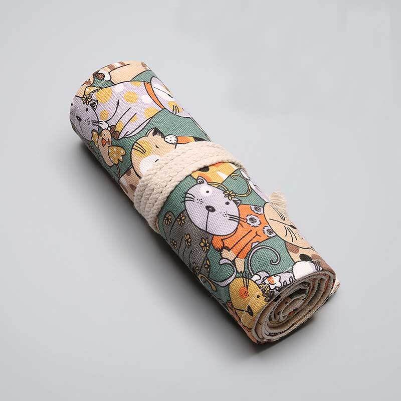 Compact cat design canvas roll, a portable pen & pencil holder for students and artists