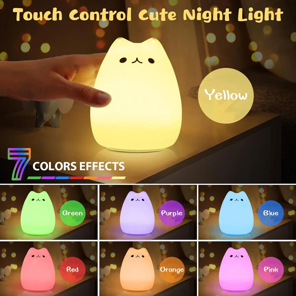 Toddler cat night lamp, white, glowing gently on a bedside table, perfect baby gift