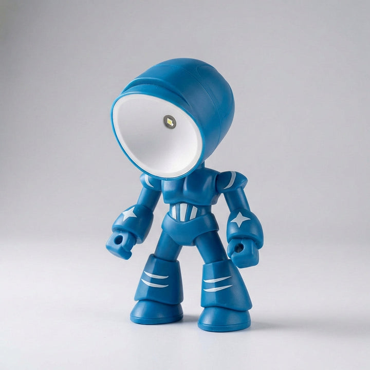 Modern LED robot lamp, designed as a gentle bedside light for kids, enhancing children's decor & reading.