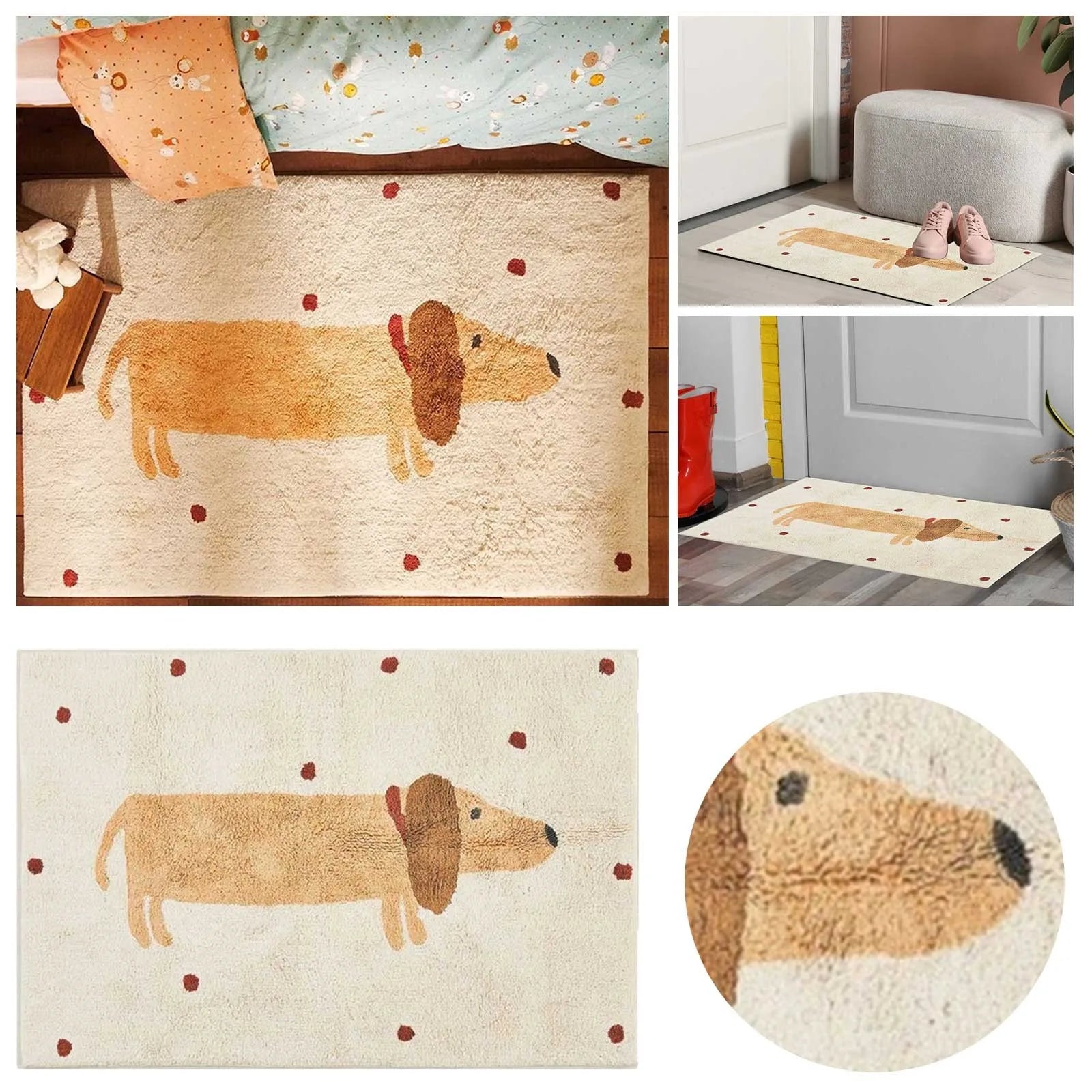Anti-slip Dachshund patterned carpet, ideal for a living room or children's play area.