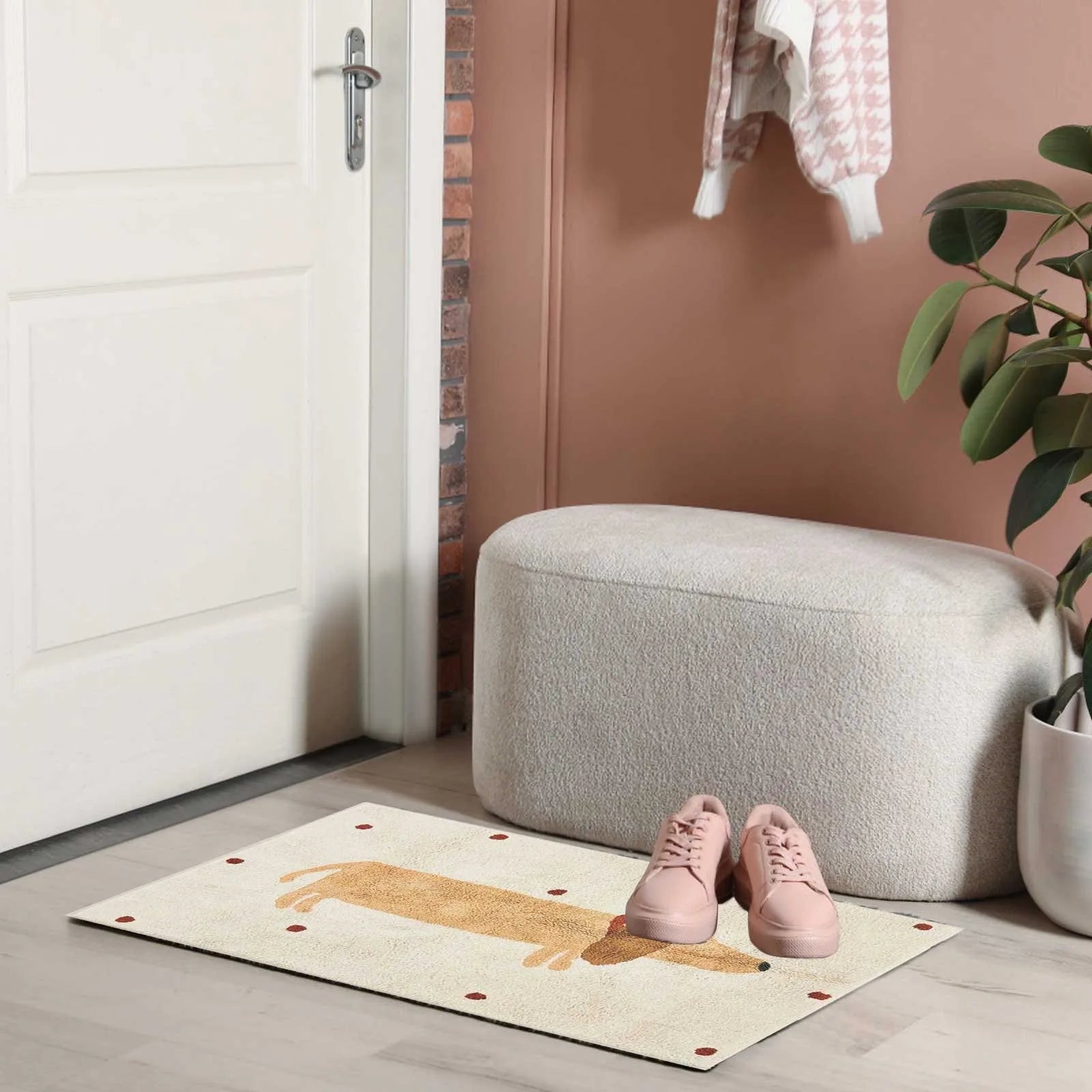 Home decor area rug with cute dachshund design, suitable for any room, anti-slip backing.