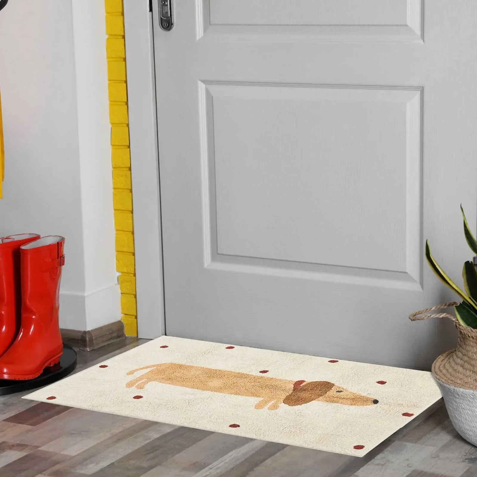 Kids' room anti-slip rug with a fun dachshund print, soft and washable play mat.