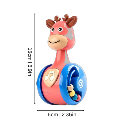 Toddler holding a colorful deer interactive rolling toy, promoting walking skills & sensory play