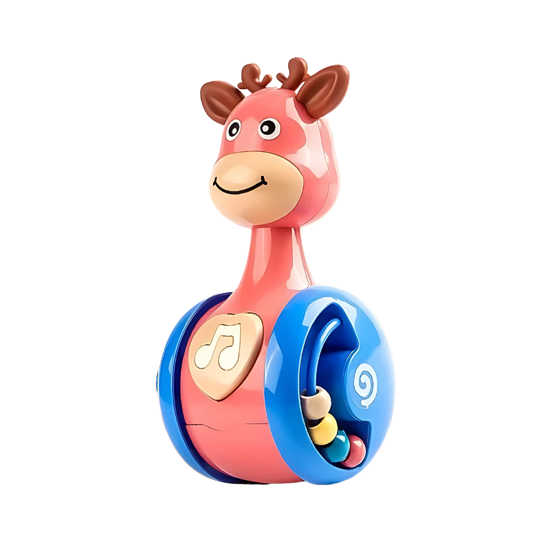 Child playing with an interactive rolling dinosaur toy, encouraging crawling & early development