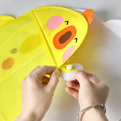 Baby bath toy mesh storage bag featuring a charming duck, for a clean bath experience.