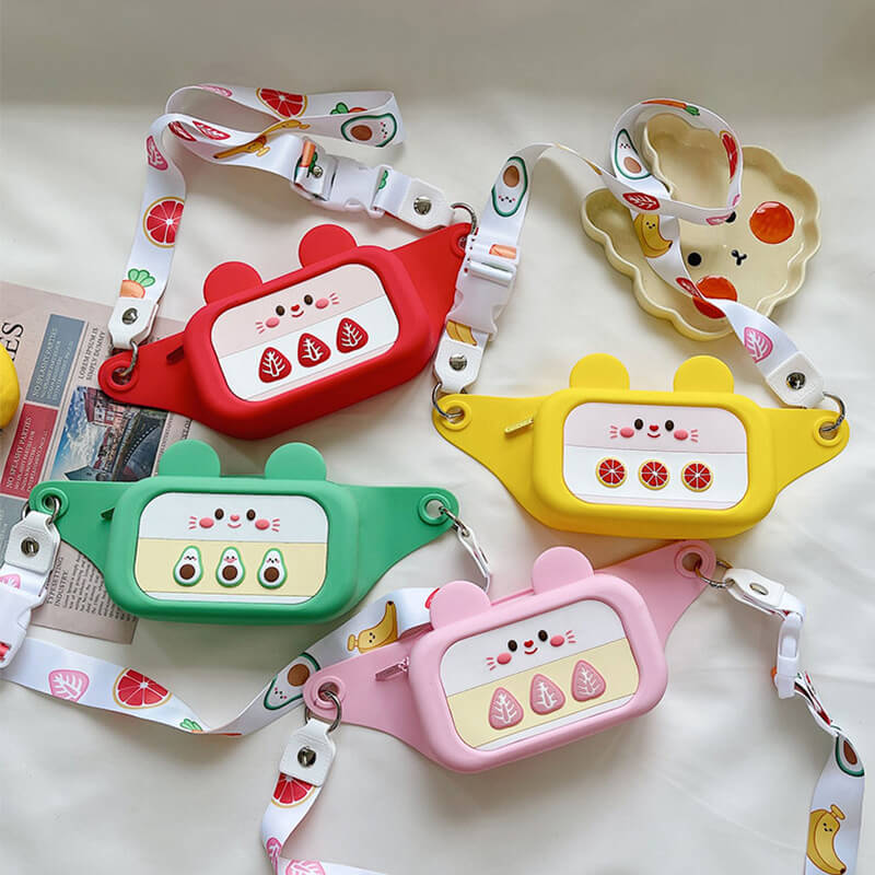 Cute fruit pattern silicone messenger bag for kids, vibrant children's accessory with adjustable strap