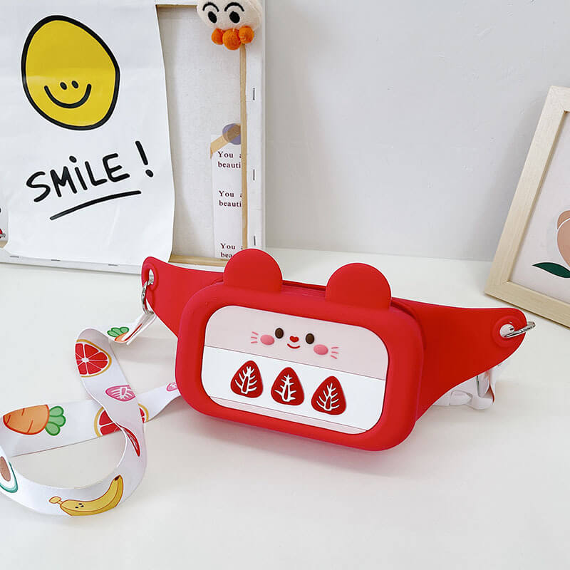 Toddler's silicone messenger bag featuring fun fruit patterns, durable and easy to clean